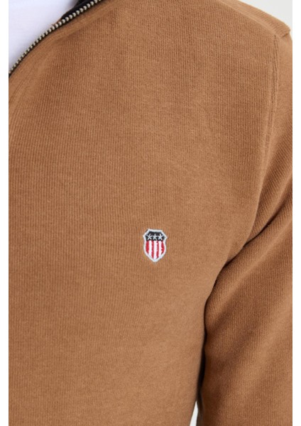 Erkek Slim Fit Dar Kesim Pamuklu Selanik Kumaş Dik Yaka Kiremit Sweatshirt