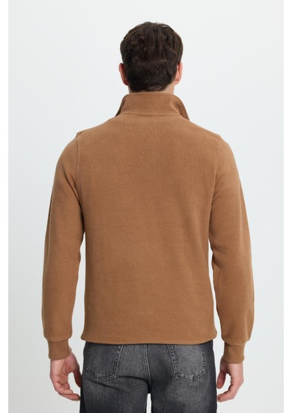 Erkek Slim Fit Dar Kesim Pamuklu Selanik Kumaş Dik Yaka Kiremit Sweatshirt