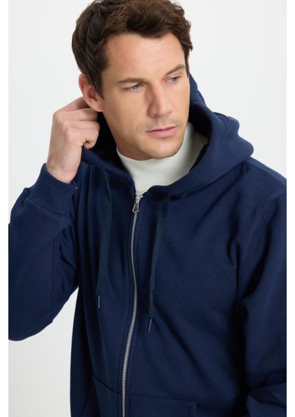 Unisex Relax Fit Rahat Kesim Pamuklu Içi Polarlı Çift Cepli Tam Fermuarlı Lacivert Kapüşonlu Sweatshirt