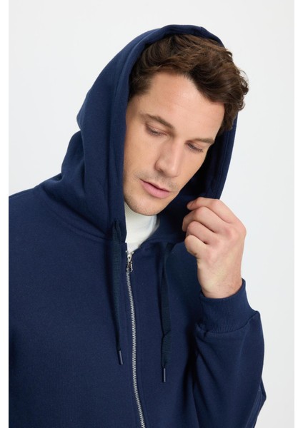 Unisex Relax Fit Rahat Kesim Pamuklu Içi Polarlı Çift Cepli Tam Fermuarlı Lacivert Kapüşonlu Sweatshirt fiyatları