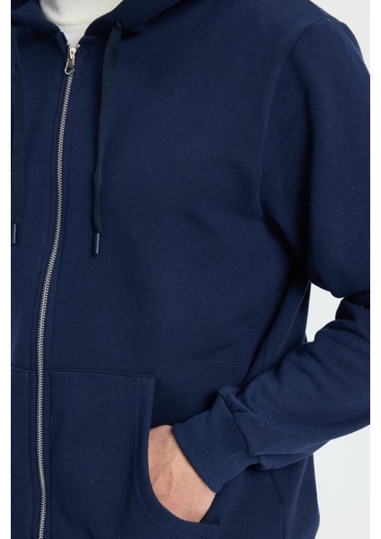 Unisex Relax Fit Rahat Kesim Pamuklu Içi Polarlı Çift Cepli Tam Fermuarlı Lacivert Kapüşonlu Sweatshirt modelleri