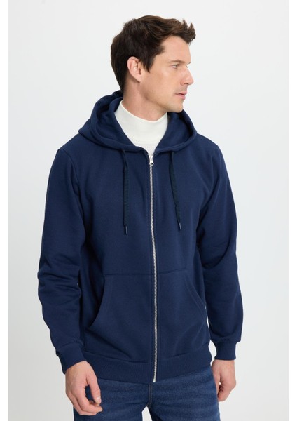 Unisex Relax Fit Rahat Kesim Pamuklu Içi Polarlı Çift Cepli Tam Fermuarlı Lacivert Kapüşonlu Sweatshirt fırsatları