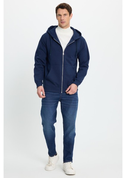 Unisex Relax Fit Rahat Kesim Pamuklu Içi Polarlı Çift Cepli Tam Fermuarlı Lacivert Kapüşonlu Sweatshirt indirimleri