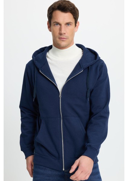 Unisex Relax Fit Rahat Kesim Pamuklu Içi Polarlı Çift Cepli Tam Fermuarlı Lacivert Kapüşonlu Sweatshirt