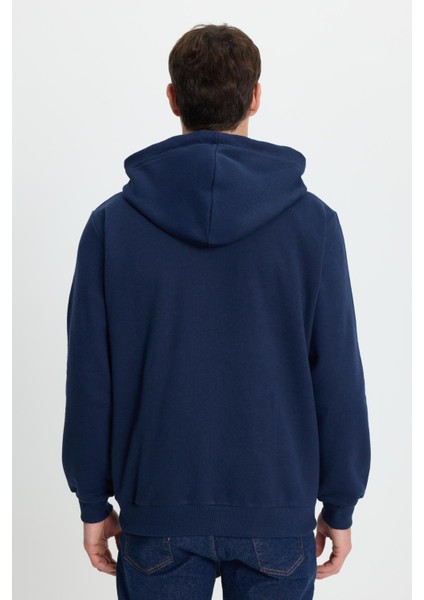 Unisex Relax Fit Rahat Kesim Pamuklu Içi Polarlı Çift Cepli Tam Fermuarlı Lacivert Kapüşonlu Sweatshirt