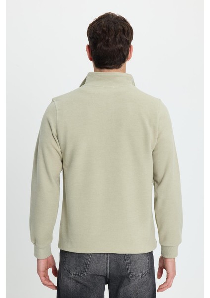 Erkek Slim Fit Dar Kesim Pamuklu Selanik Kumaş Dik Yaka Mint Sweatshirt