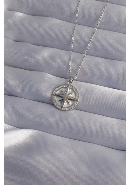 Bfs 316L Çelik Zincir Gümüş Renk Zirkon Taşlı Kutup Yıldızı Kolye