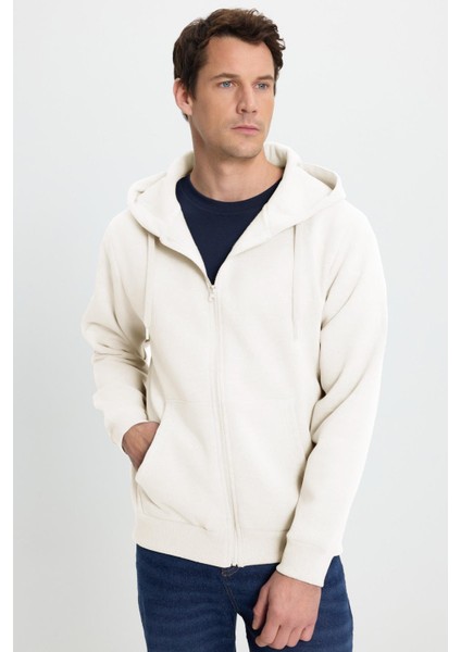 Unisex Relax Fit Rahat Kesim Pamuklu Içi Polarlı Çift Cepli Tam Fermuarlı Beyaz Kapüşonlu Sweatshirt