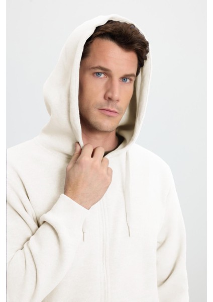 Unisex Relax Fit Rahat Kesim Pamuklu Içi Polarlı Çift Cepli Tam Fermuarlı Beyaz Kapüşonlu Sweatshirt fiyatları