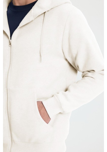 Unisex Relax Fit Rahat Kesim Pamuklu Içi Polarlı Çift Cepli Tam Fermuarlı Beyaz Kapüşonlu Sweatshirt modelleri