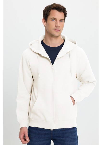 Unisex Relax Fit Rahat Kesim Pamuklu Içi Polarlı Çift Cepli Tam Fermuarlı Beyaz Kapüşonlu Sweatshirt fırsatları