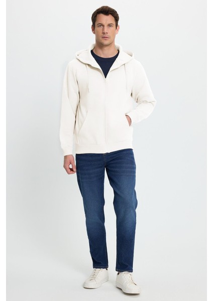 Unisex Relax Fit Rahat Kesim Pamuklu Içi Polarlı Çift Cepli Tam Fermuarlı Beyaz Kapüşonlu Sweatshirt indirimleri