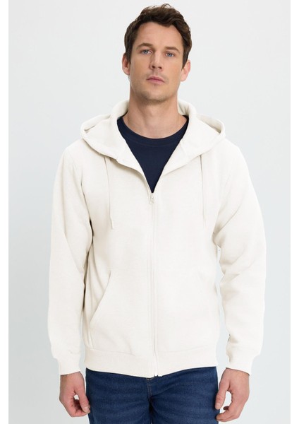 Unisex Relax Fit Rahat Kesim Pamuklu Içi Polarlı Çift Cepli Tam Fermuarlı Beyaz Kapüşonlu Sweatshirt