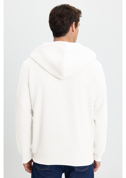 Unisex Relax Fit Rahat Kesim Pamuklu Içi Polarlı Çift Cepli Tam Fermuarlı Beyaz Kapüşonlu Sweatshirt
