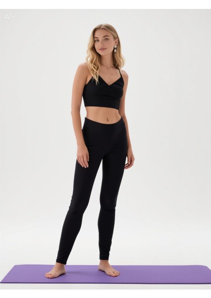 Fitilli Dikişsiz Toparlayıcı Siyah Crop Tayt Takım