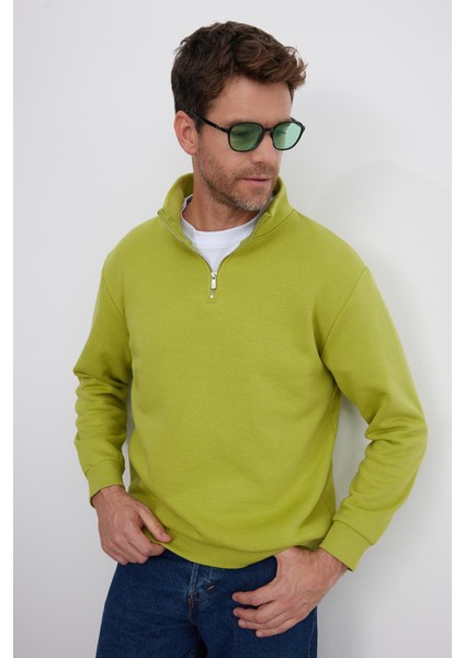 Unisex Relax Fit Rahat Kesim Pamuklu Içi Polarlı Yarım Fermuarlı Yeşil Dik Yaka Sweatshirt