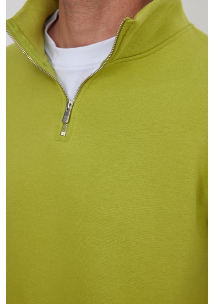 Unisex Relax Fit Rahat Kesim Pamuklu Içi Polarlı Yarım Fermuarlı Yeşil Dik Yaka Sweatshirt modelleri