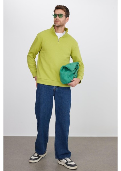 Unisex Relax Fit Rahat Kesim Pamuklu Içi Polarlı Yarım Fermuarlı Yeşil Dik Yaka Sweatshirt fırsatları