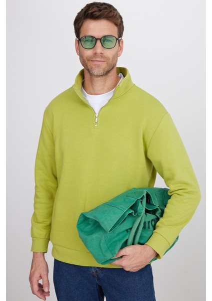 Unisex Relax Fit Rahat Kesim Pamuklu Içi Polarlı Yarım Fermuarlı Yeşil Dik Yaka Sweatshirt indirimleri