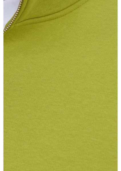 Unisex Relax Fit Rahat Kesim Pamuklu Içi Polarlı Yarım Fermuarlı Yeşil Dik Yaka Sweatshirt