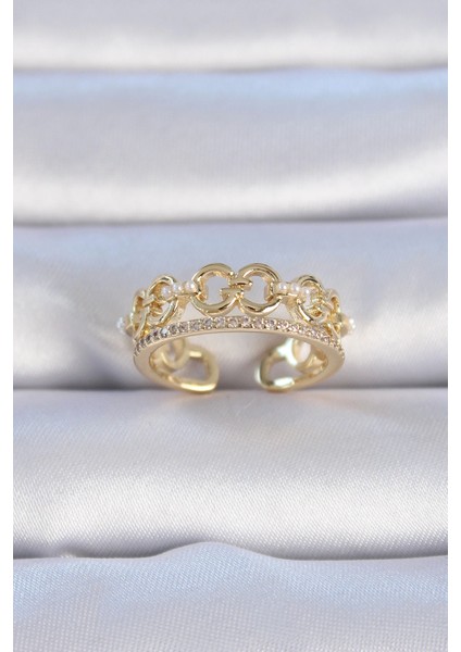 Bfs Pirinç Gold Renk Zirkon Taşlı Inci Detay Kadın Yüzük