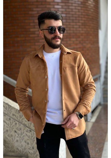 Slimfit Kesim Erkek Duz Desen Süet Gömlek-Taba