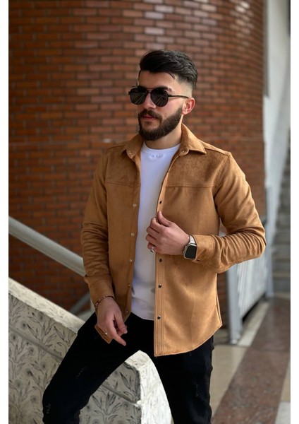 Slimfit Kesim Erkek Duz Desen Süet Gömlek-Taba fiyatları