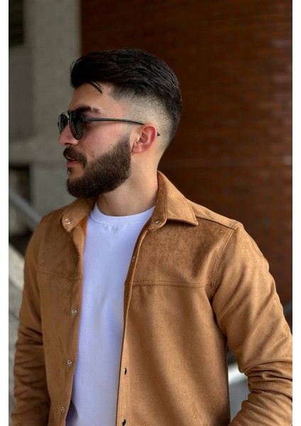 Slimfit Kesim Erkek Duz Desen Süet Gömlek-Taba modelleri