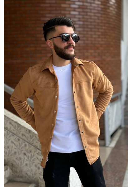 Slimfit Kesim Erkek Duz Desen Süet Gömlek-Taba fırsatları