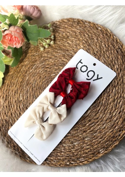 Kırmızı Dantel Desenli ve Ekru Kız Çocuk Bebek Toka Seti