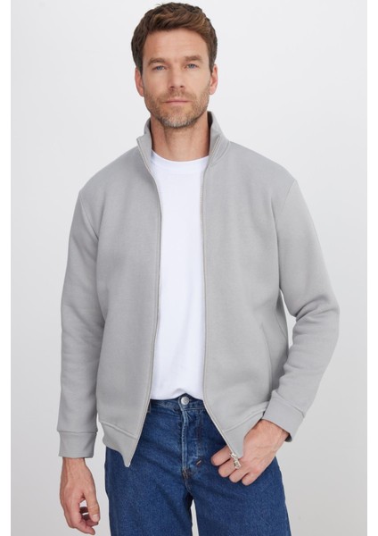 Unisex Relax Fit Rahat Kesim Pamuklu Içi Polarlı Fermuarlı Gri Dik Yaka Flato Cepli Sweatshirt Hırka