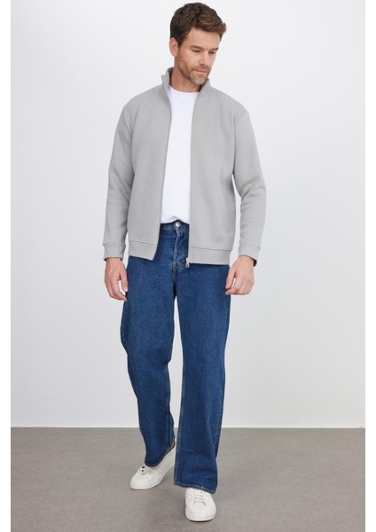 Unisex Relax Fit Rahat Kesim Pamuklu Içi Polarlı Fermuarlı Gri Dik Yaka Flato Cepli Sweatshirt Hırka fırsatları