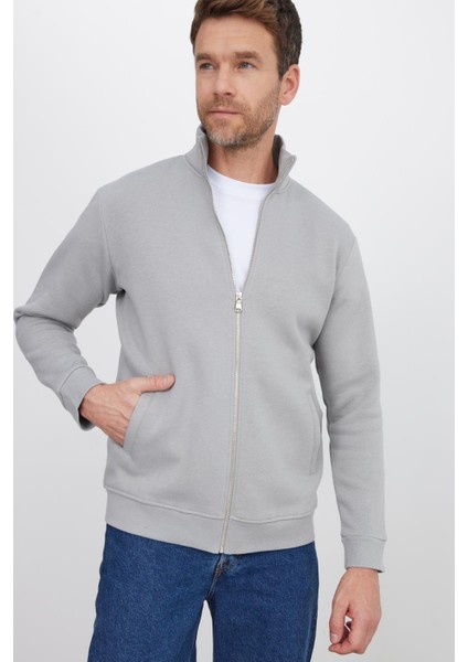 Unisex Relax Fit Rahat Kesim Pamuklu Içi Polarlı Fermuarlı Gri Dik Yaka Flato Cepli Sweatshirt Hırka indirimleri