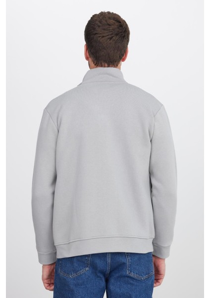 Unisex Relax Fit Rahat Kesim Pamuklu Içi Polarlı Fermuarlı Gri Dik Yaka Flato Cepli Sweatshirt Hırka