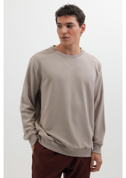 Unisex Relax Fit Rahat Kesim %100 Pamuk Basic Bej Bisiklet Yaka Sweatshirt fiyatları