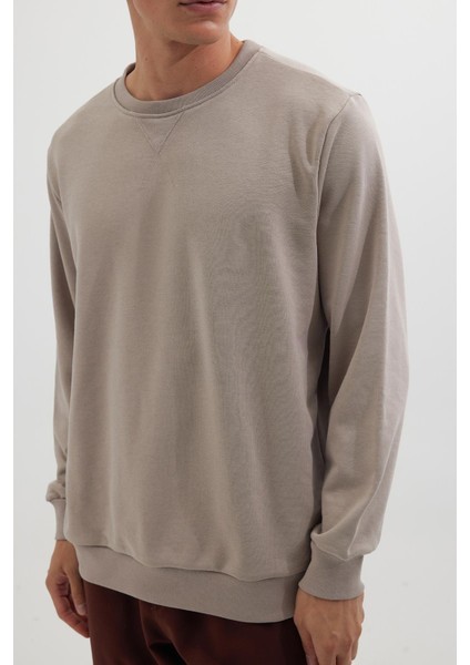 Unisex Relax Fit Rahat Kesim %100 Pamuk Basic Bej Bisiklet Yaka Sweatshirt modelleri