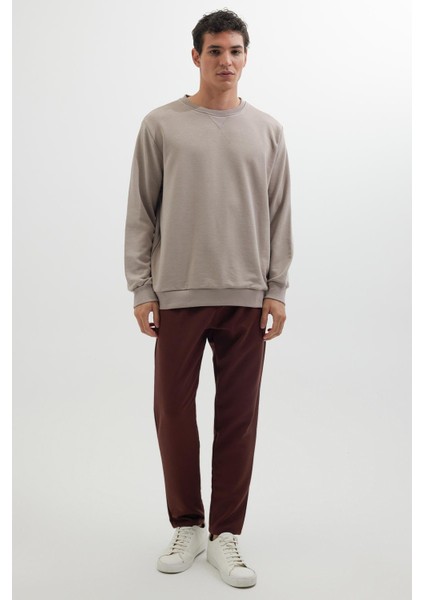 Unisex Relax Fit Rahat Kesim %100 Pamuk Basic Bej Bisiklet Yaka Sweatshirt indirimleri