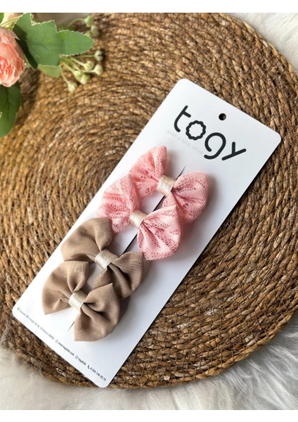 Pembe Dantel Detaylı ve Kahverengi Kız Çocuk Bebek Toka Seti