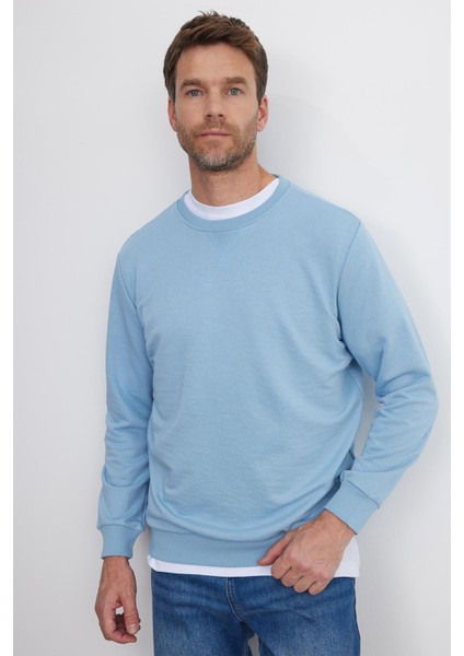 Unisex Relax Fit Rahat Kesim %100 Pamuk Basic Mavi Bisiklet Yaka Sweatshirt