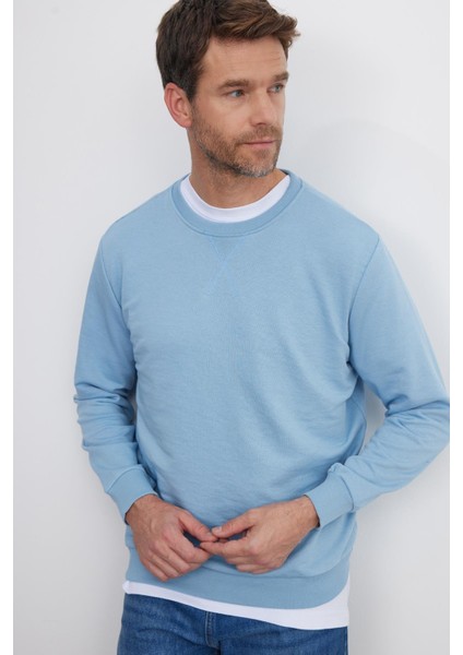 Unisex Relax Fit Rahat Kesim %100 Pamuk Basic Mavi Bisiklet Yaka Sweatshirt fiyatları