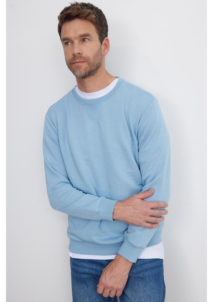 Unisex Relax Fit Rahat Kesim %100 Pamuk Basic Mavi Bisiklet Yaka Sweatshirt fırsatları