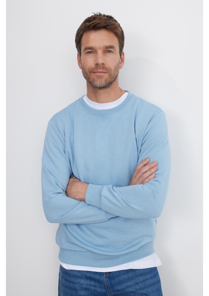 Unisex Relax Fit Rahat Kesim %100 Pamuk Basic Mavi Bisiklet Yaka Sweatshirt indirimleri