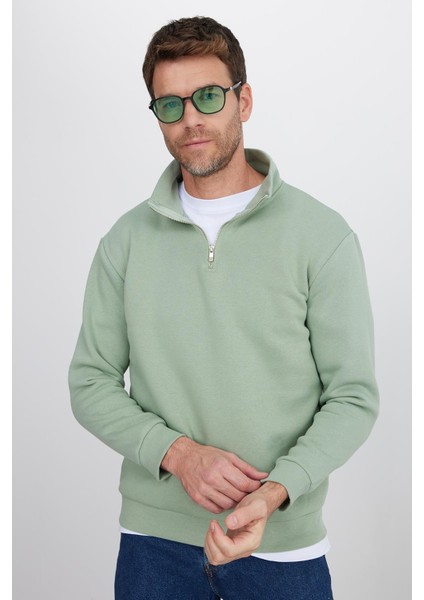 Unisex Relax Fit Rahat Kesim Pamuklu Içi Polarlı Yarım Fermuarlı Yeşil Dik Yaka Sweatshirt