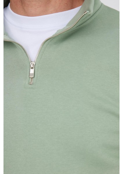 Unisex Relax Fit Rahat Kesim Pamuklu Içi Polarlı Yarım Fermuarlı Yeşil Dik Yaka Sweatshirt modelleri
