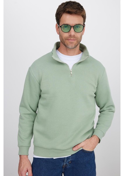Unisex Relax Fit Rahat Kesim Pamuklu Içi Polarlı Yarım Fermuarlı Yeşil Dik Yaka Sweatshirt fırsatları