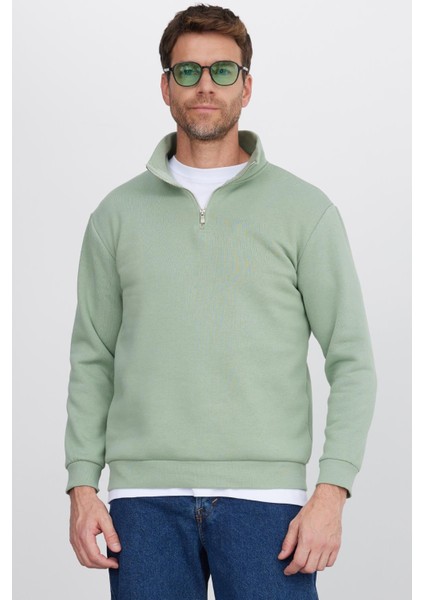 Unisex Relax Fit Rahat Kesim Pamuklu Içi Polarlı Yarım Fermuarlı Yeşil Dik Yaka Sweatshirt indirimleri