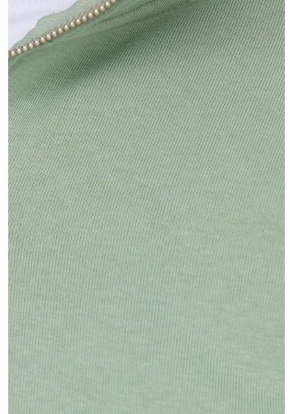 Unisex Relax Fit Rahat Kesim Pamuklu Içi Polarlı Yarım Fermuarlı Yeşil Dik Yaka Sweatshirt