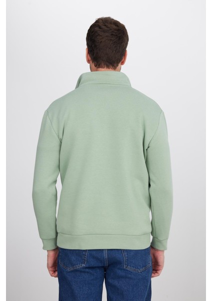 Unisex Relax Fit Rahat Kesim Pamuklu Içi Polarlı Yarım Fermuarlı Yeşil Dik Yaka Sweatshirt