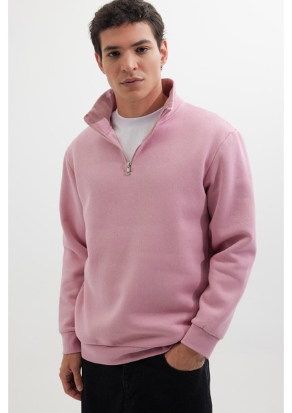 Unisex Relax Fit Rahat Kesim Pamuklu Içi Polarlı Yarım Fermuarlı Lila Dik Yaka Sweatshirt