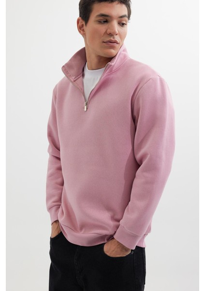 Unisex Relax Fit Rahat Kesim Pamuklu Içi Polarlı Yarım Fermuarlı Lila Dik Yaka Sweatshirt fiyatları